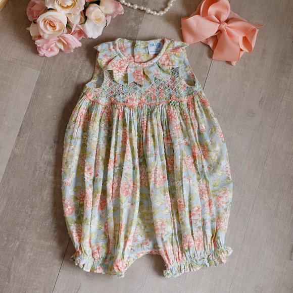 Smocked Romper Floral Spring Summer Boutique Luli & Me 3/6 Months with Hairbow